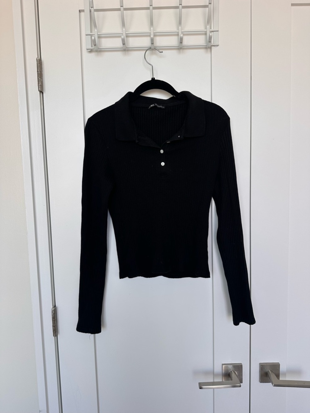 Zara Black Ribbed Long-Sleeve Polo Top